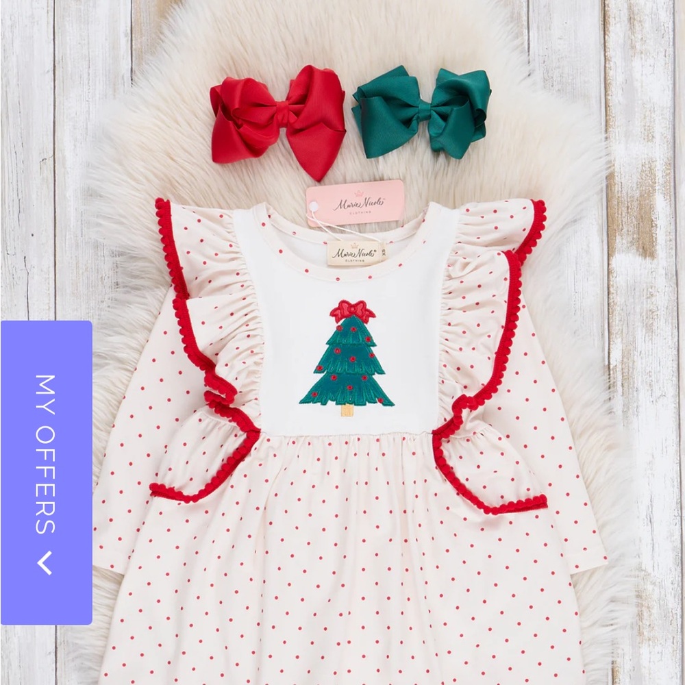 White Polka Dot Dress with Christmas Tree Design